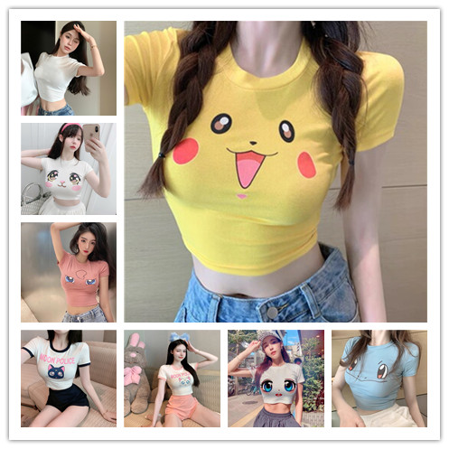 皮卡丘网红主播显胸大卡通印花性感大眼睛短袖T恤女短款露脐上衣