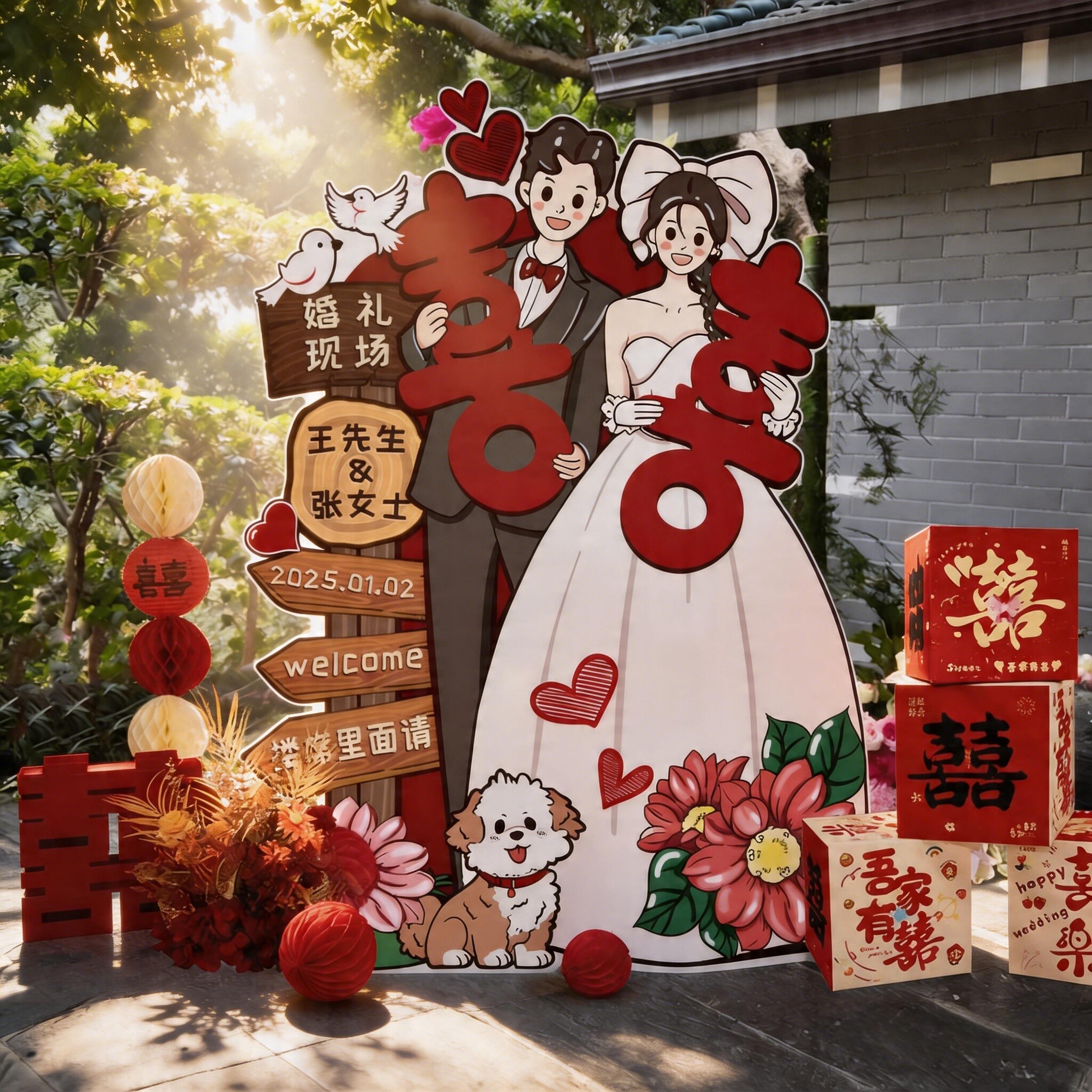 结婚KT板迎宾牌婚礼喜宴订婚场景布置全套酒店农村路引展示牌装饰