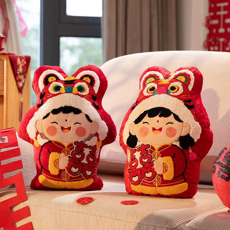 羽括结婚压床娃娃一对「福娃报喜」新婚陪嫁公仔玩偶喜字抱枕摆件