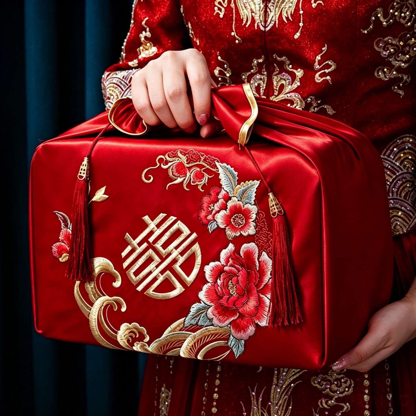 包袱皮结婚一对女方陪嫁新娘嫁妆喜盆红色刺绣包裹布婚庆用品大全