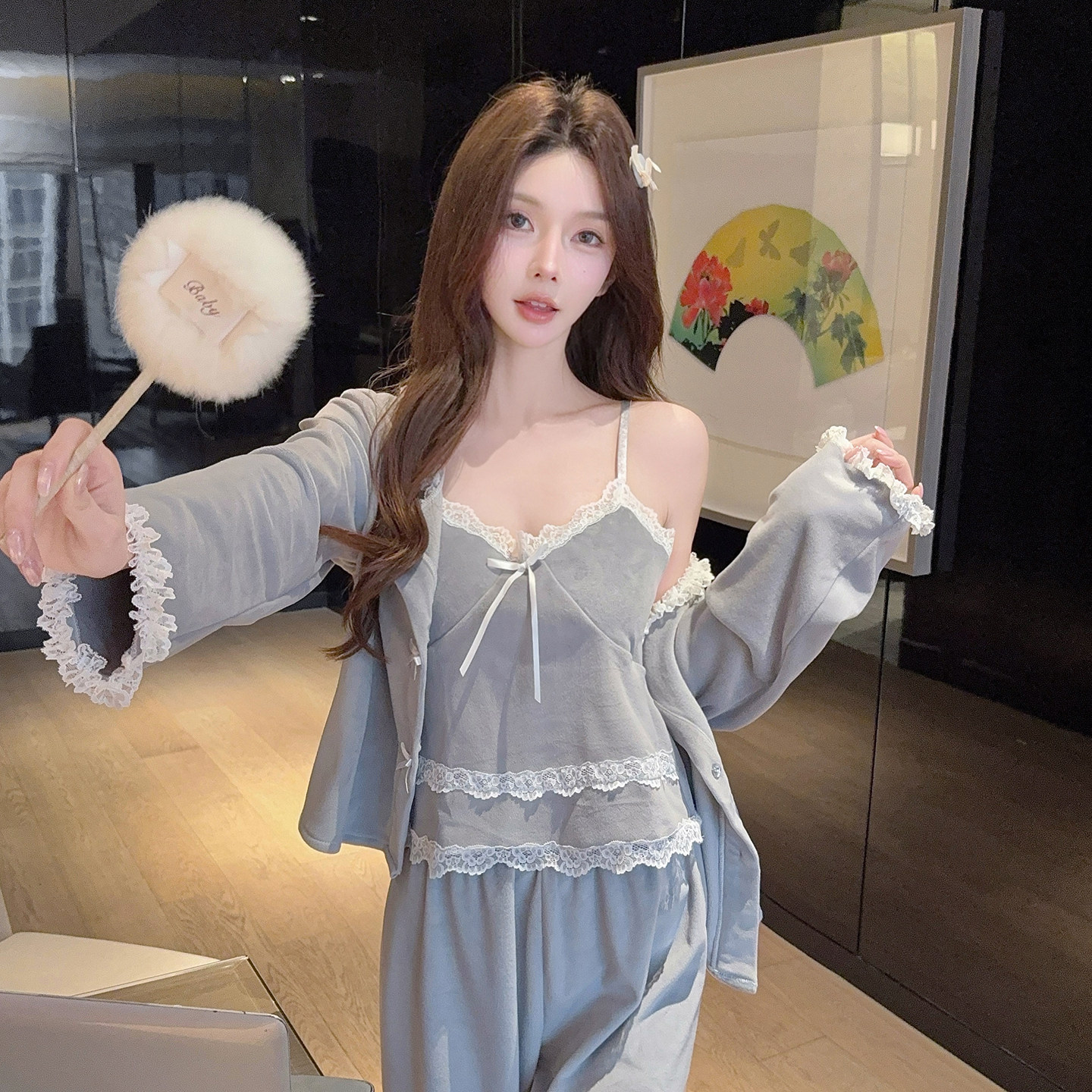 法式高级感海岛绒睡衣女士秋冬季2026新款三件套家居服薄绒珊瑚绒