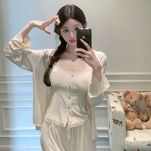 吊带胸垫三件套家居服 法式 纯欲风莫代尔棉睡衣女款 2025新款 春夏季
