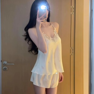 套装 蕾丝花边吊带短裤 甜美少女 纯欲风性感冰丝绸吊带睡衣女款 夏季