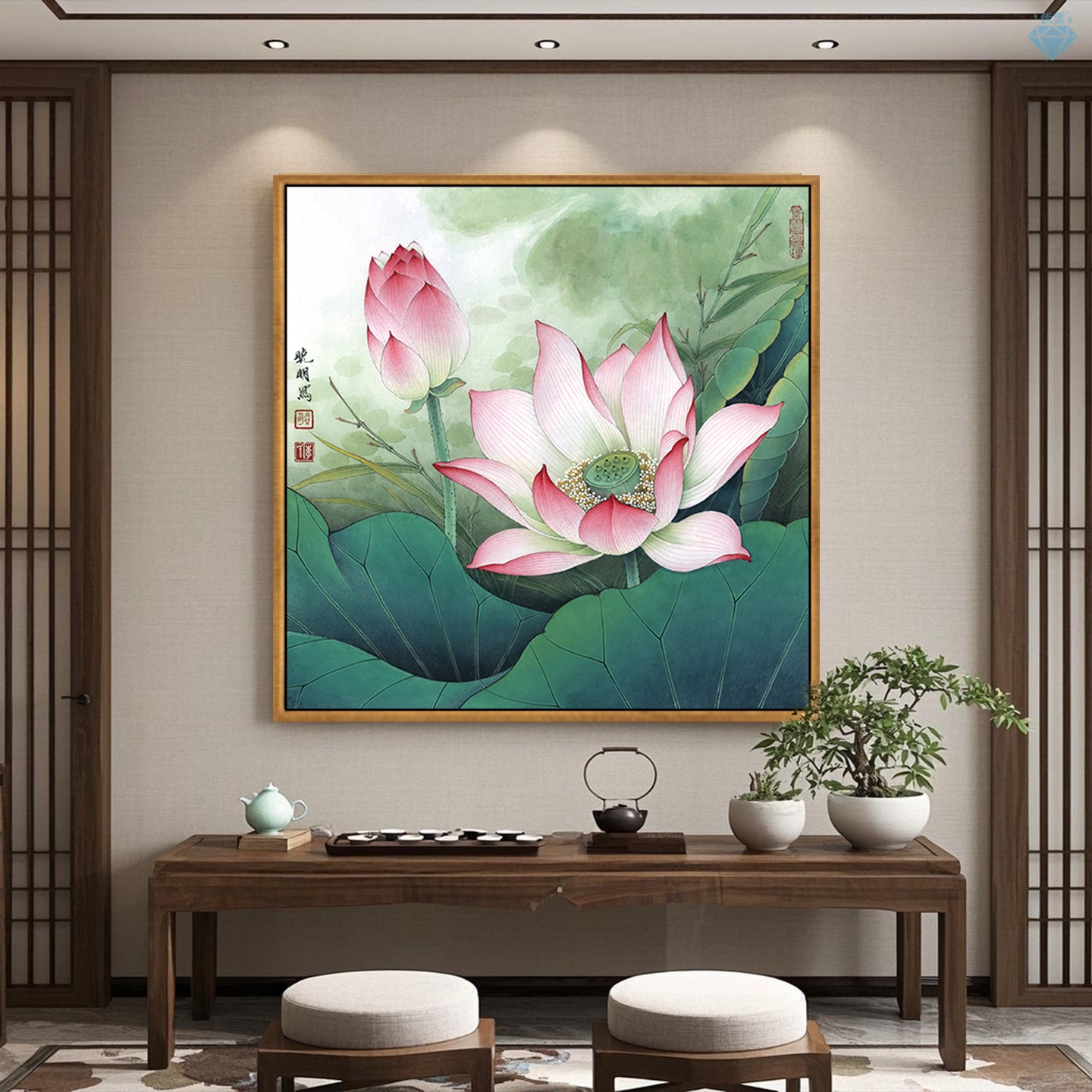荷花图装饰画正方形挂画新中式客厅餐厅书房莲花卫生间净秽图壁画图片