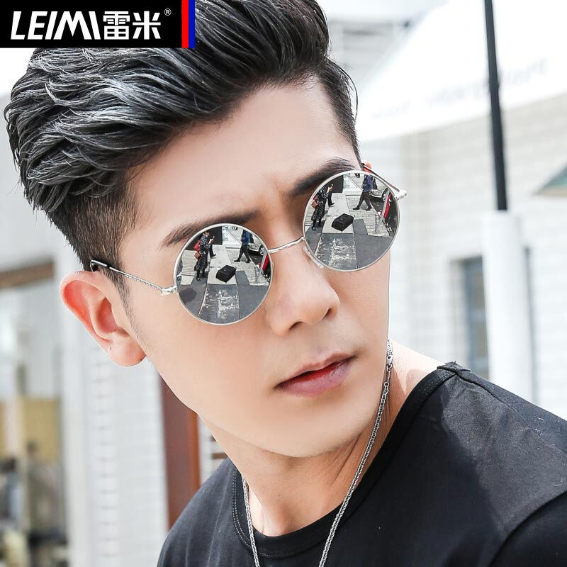 雷米圆形太阳眼镜男偏光镜女眼睛个性开车司机复古墨镜男士9259银