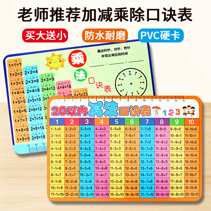 儿童九九乘除法口诀表10加减法分解小学一二年级数学换算防水卡片