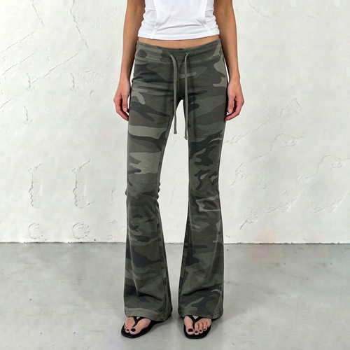Casual camouflage flared pants辣妹休闲低腰松紧腰迷彩喇叭裤女