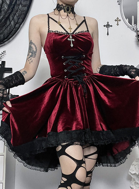 Halloween Velvet Strap Dress万圣节红色裙子绒面绑带收腰连衣裙