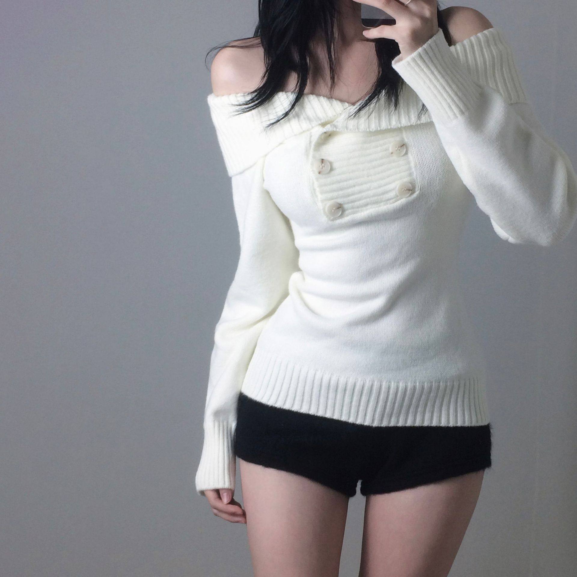 Hot girl sexy off shoulder sweater简约辣妹性感露肩修身毛衣女