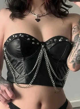 Riveted leather vest暗黑风铆钉链条皮革背心性感修身抹胸上衣女