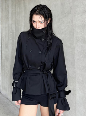 Strap waist jacket for women高级感立领酷帅绑带收腰风衣女外套