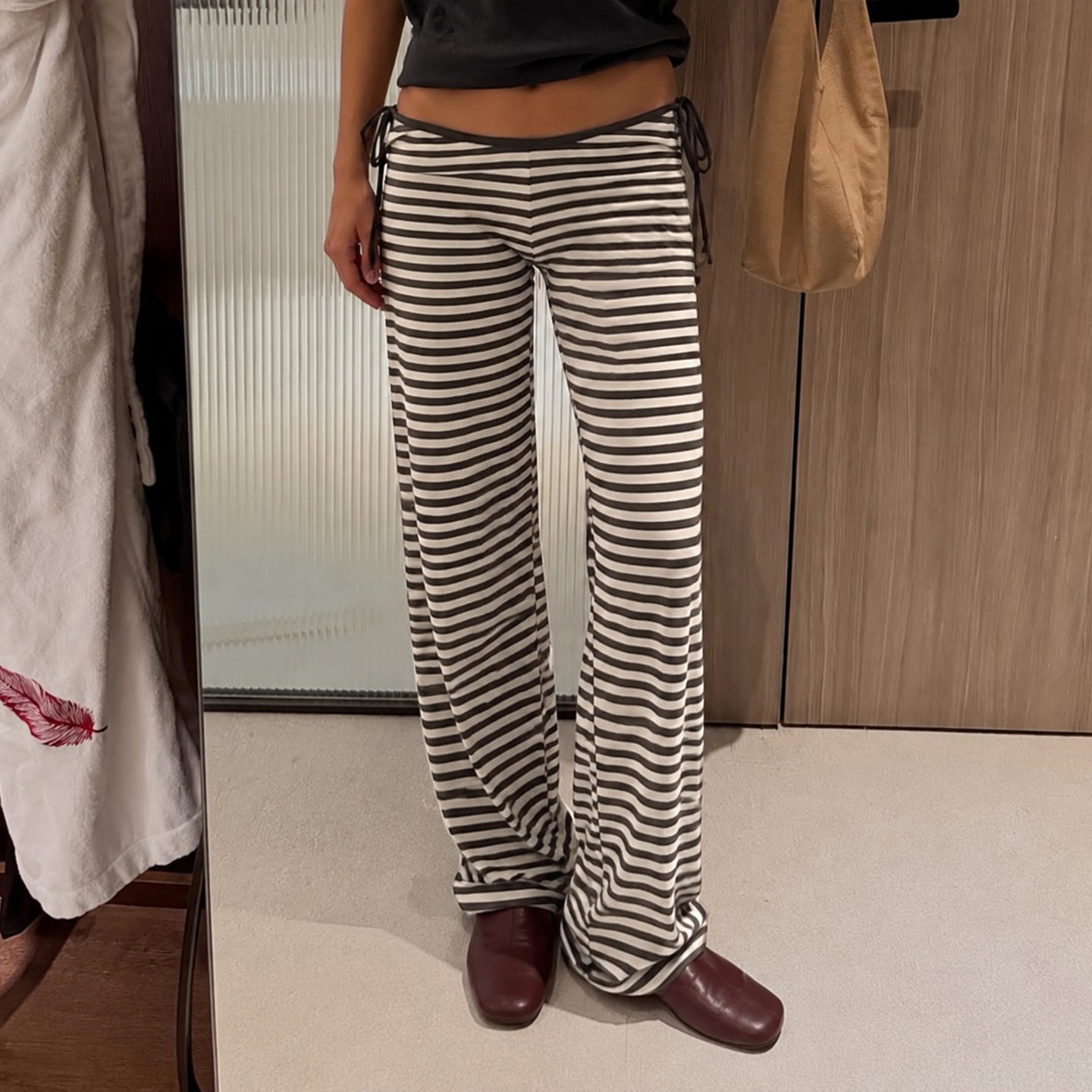 Sexy women's outf 欧美风系带镂空低腰长裤女居家条纹简约休闲裤