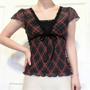 neck mesh top法式 T恤女夏 Lace 格纹蕾丝拼接V领短袖 patchwork