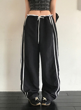 Casual straight leg pants for women 松紧腰黑色运动直筒长裤女