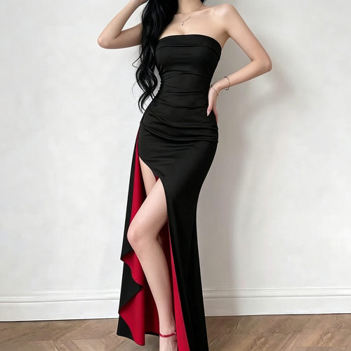 Sexy strapless slit dinner dress性感红底抹胸长裙开叉连衣裙
