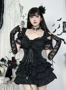 Halloween Strap Girl's Shirt暗黑哥特风绑带衬衫女性感黑色短袖