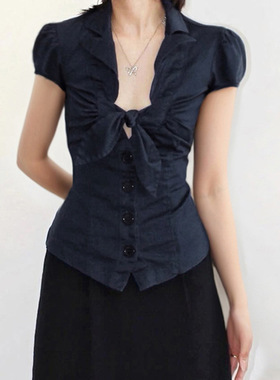 Blue Bubble Sleeve Shirt深蓝色开衫排扣蝴蝶结泡泡袖衬衫女收腰