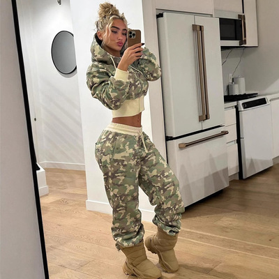 Camouflage short hoodie set 迷彩连帽系带短款卫衣运动卫裤套装