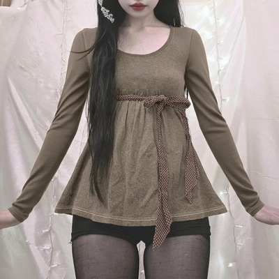 Autumn new casual knitwear温柔小众风波点系带蝴蝶结长袖上衣女