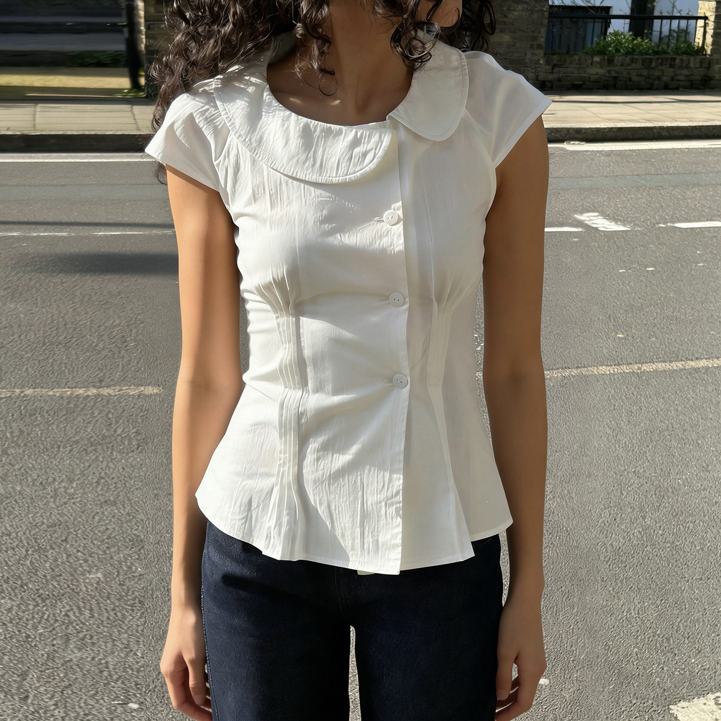 French retro cardigan top 法式复古娃娃领开衫上衣女白色短袖夏