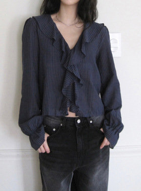 French flared sleeve shirt法式轻熟风蓝色条纹荷叶边喇叭袖衬衫