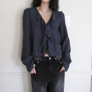 French flared sleeve shirt法式轻熟风蓝色条纹荷叶边喇叭袖衬衫