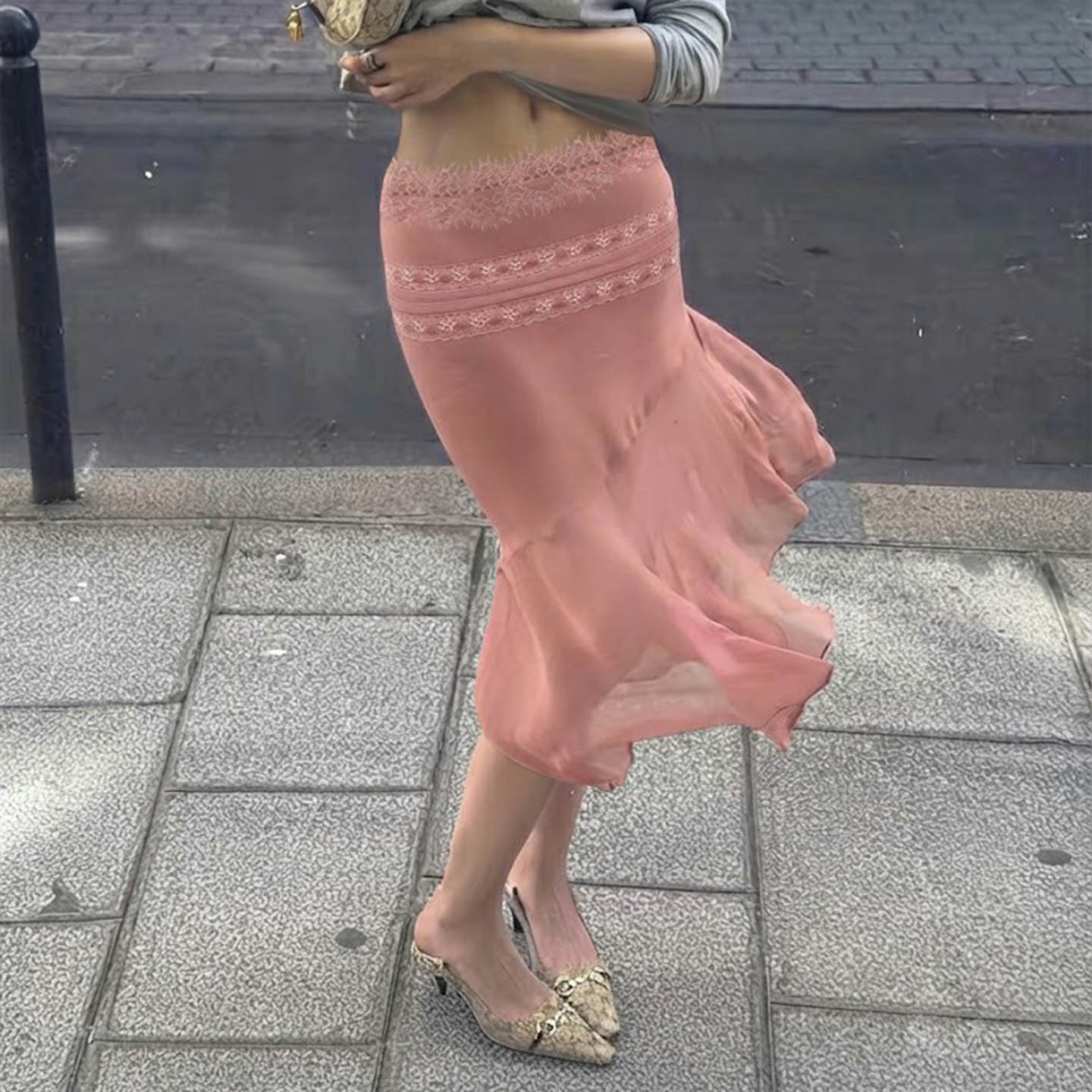 Sexy women's outf 轻熟风低腰包臀鱼尾中长裙蕾丝拼接网纱半身裙