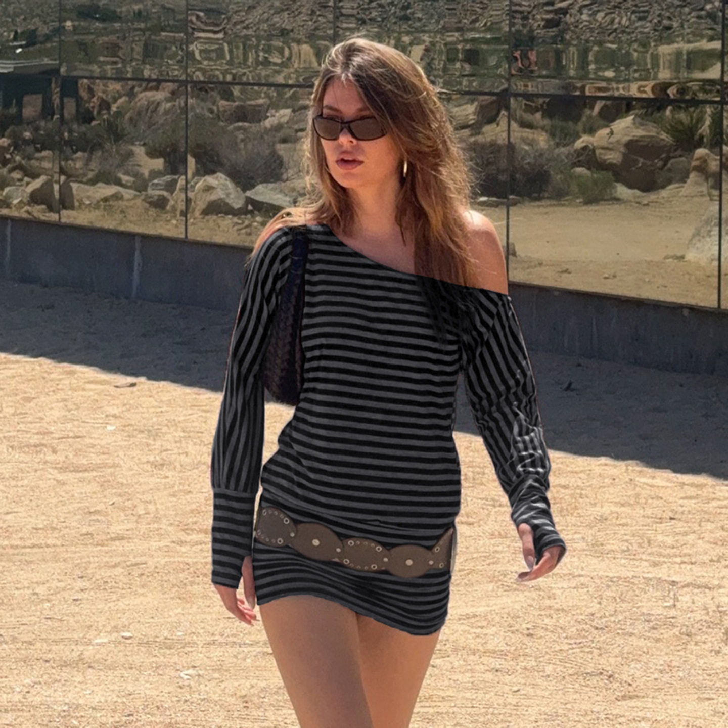 Striped long sleeved dress斜肩不对称条纹长袖宽松连衣裙女初秋
