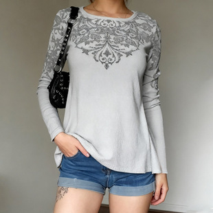 Casual grey T-shirt for women 秋季复古辣妹显瘦灰色长袖T恤女