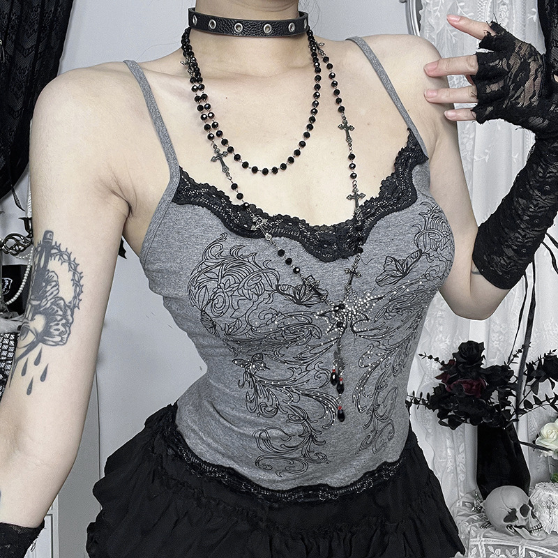 Dark Gothic style tank top暗黑哥特风蝴蝶印花吊带背心百搭上衣
