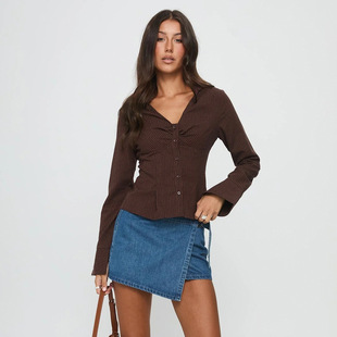 Women's POLO collar striped shirt 美式通勤风POLO领条纹衬衫女