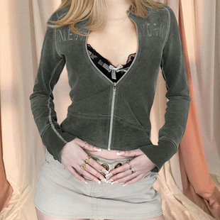 Loose zipper jacket for women 复古字母刺绣宽松拉链夹克外套女