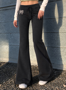 Sexy women's outf 美式辣妹低腰系带蝴蝶刺绣微喇裤日常休闲长裤