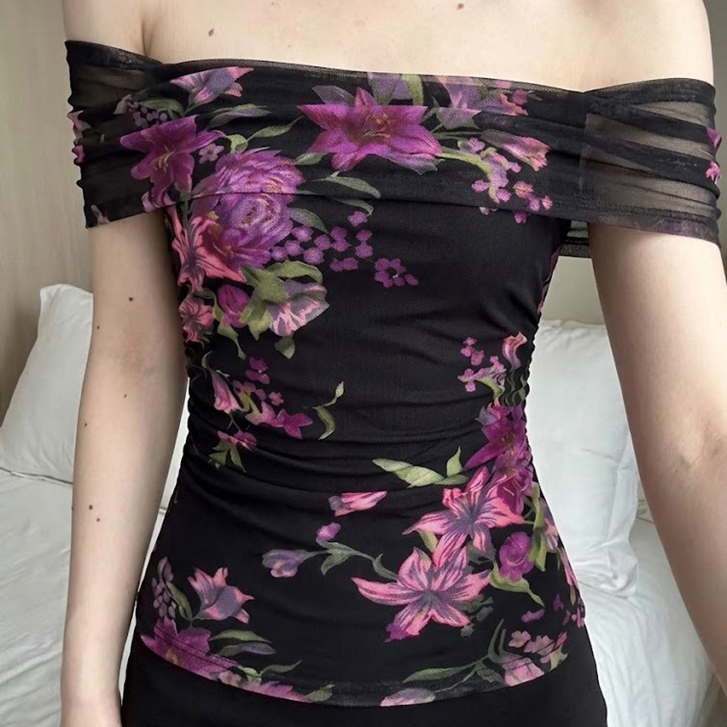 Mesh one shoulder top 法式网纱印花一字肩上衣辣妹纯欲风T恤女