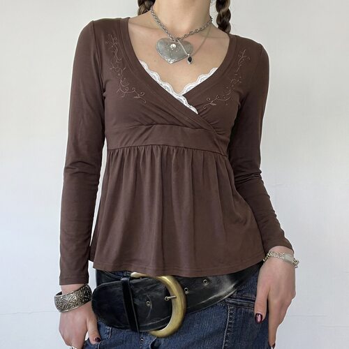 Cross V-neck low cut T-shirt交叉V领低胸性感收腰系带娃娃衫T恤