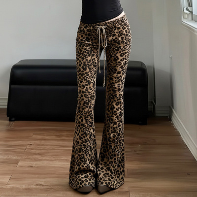 Laced leopard print flared pants美式复古低腰系带豹纹喇叭裤女