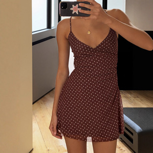 neck camisole Sexy 法式 dot dress 风波点V领吊带连衣裙 polka