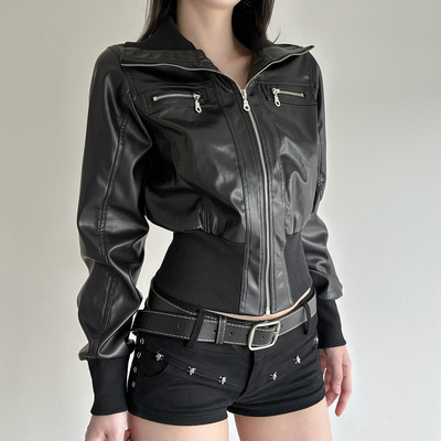 Dark style leather pocket jacket暗黑风皮革拼接工装夹克外套女
