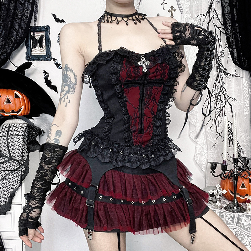Halloween women's vest公爵夫人黑红抹胸链条上衣女万圣节小背心