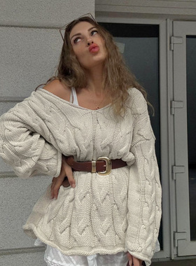 Loose medium to long sweater慵懒风米白色宽松显瘦中长款毛衣女