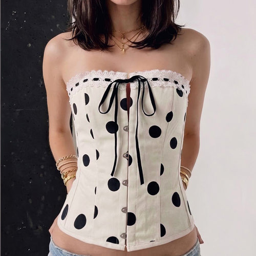 French spicy girl strapless vest法式辣妹复古波点印花抹胸背心