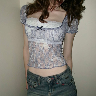 sleeved short top 轻薄网纱拼接短袖 T恤夏 Mesh 女短款 patchwork