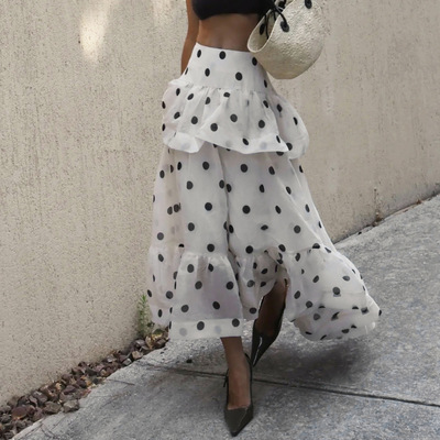 Lotus leaf edge polka dot long skirt法式高腰荷叶边大摆长裙女