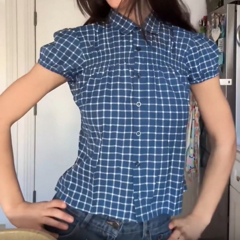 Blue Grid Puff Sleeve T-Shirt辣妹风蓝色格子拼接泡泡袖T恤上衣
