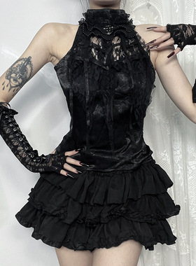 Gothic pleated rose camisole top哥特褶皱玫瑰吊带蛛网领上衣女