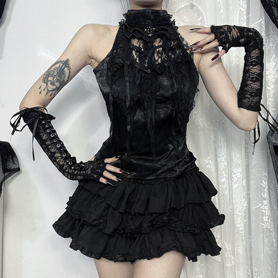 Gothic pleated rose camisole top哥特褶皱玫瑰吊带蛛网领上衣女