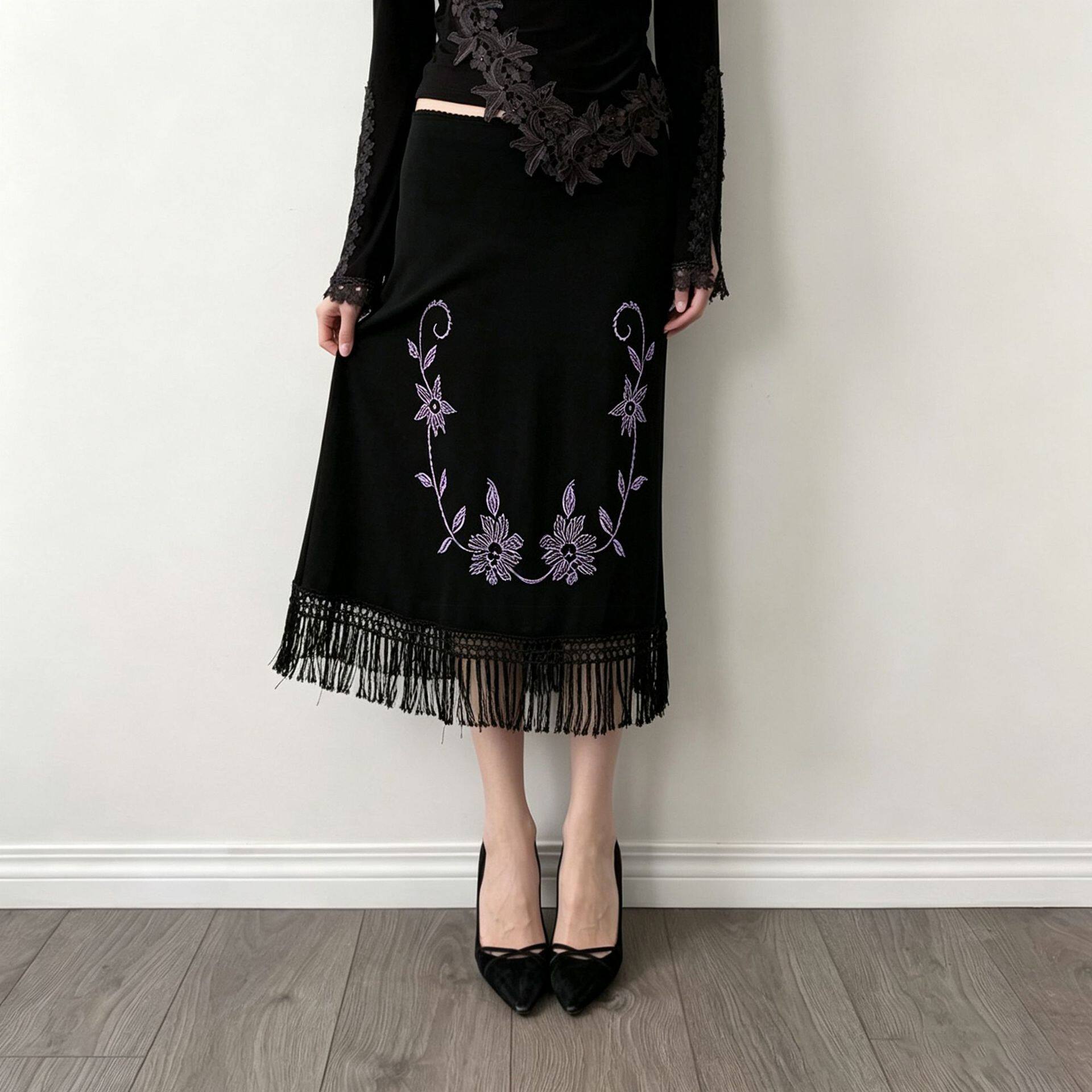 Sexy women's outf 欧美风复古低腰花卉刺绣流苏中长裙辣妹半身裙