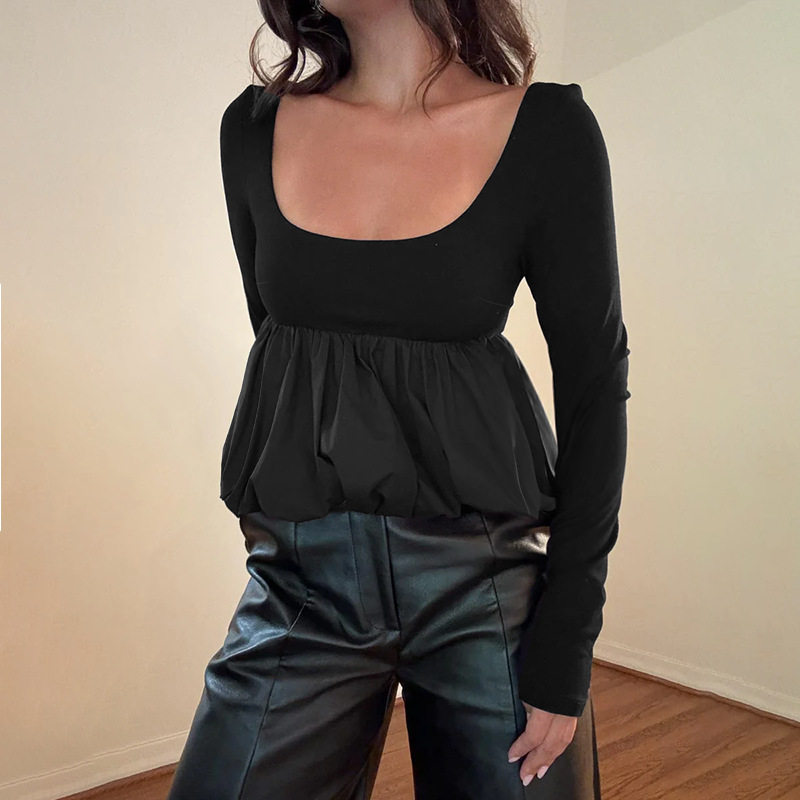 U-neck long sleeved top for women 休闲风U领长袖花苞上衣女T恤