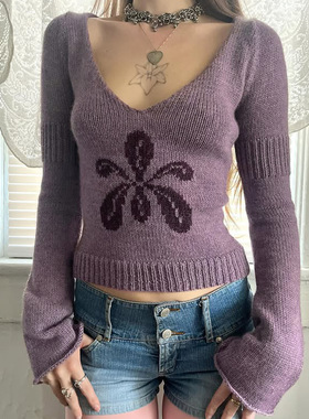 Purple sweater for women 慵懒V领毛织上衣紫色温柔风长袖毛衣女
