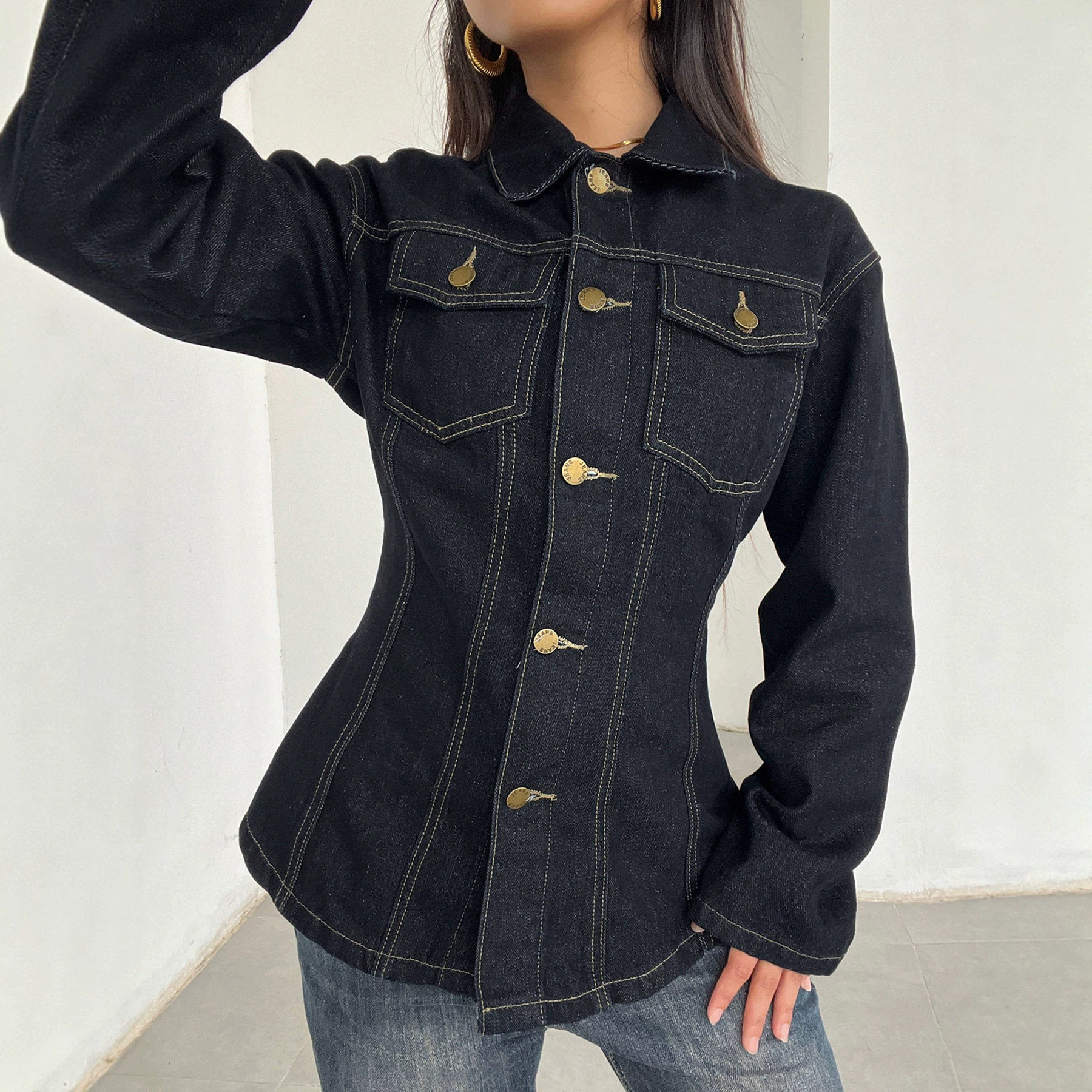 Sexy women's outf  美式修身A字摆牛仔衬衫外套复古百搭休闲上衣